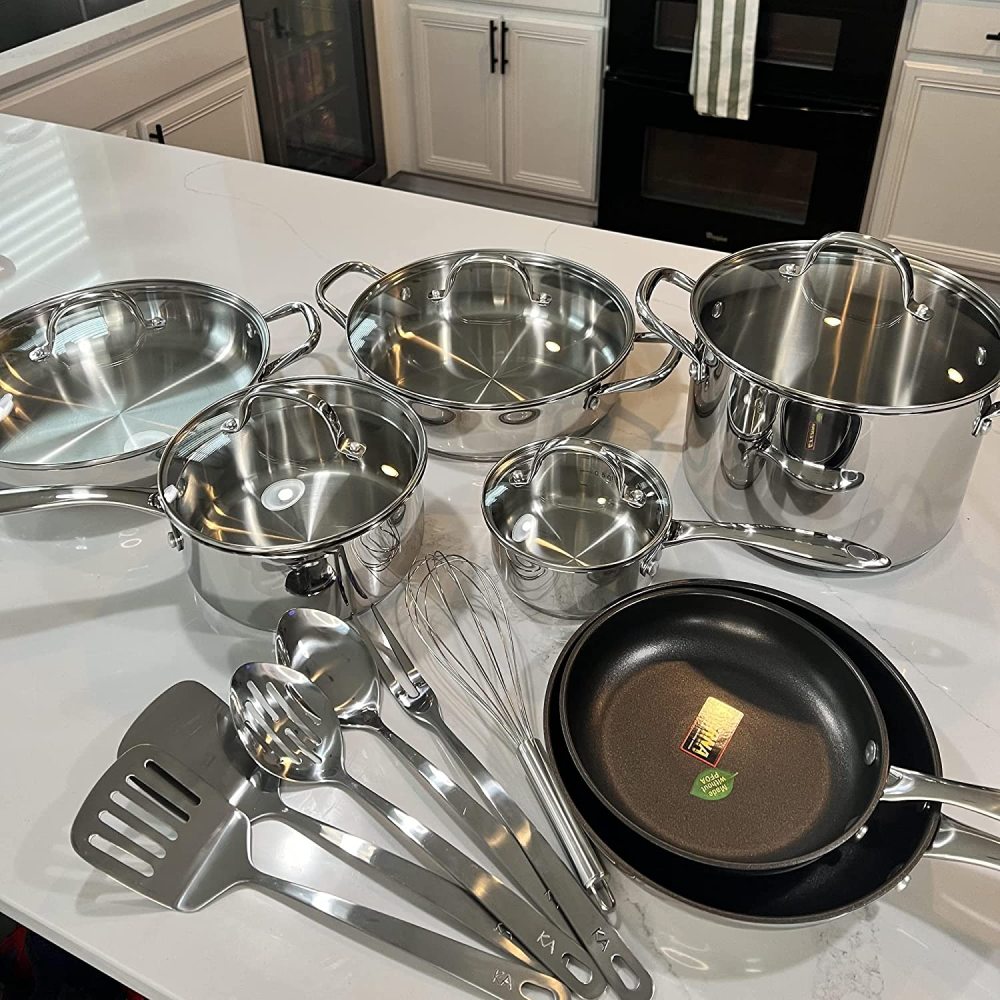 JayDAYon Stainless Steel Pots and Pans Set 18Piece Nonstick Cookware Sets Works with Induction