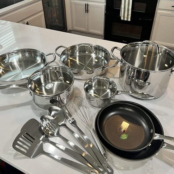 JayDAYon Stainless Steel Pots and Pans Set 18Piece Nonstick Cookware Sets Works with Induction