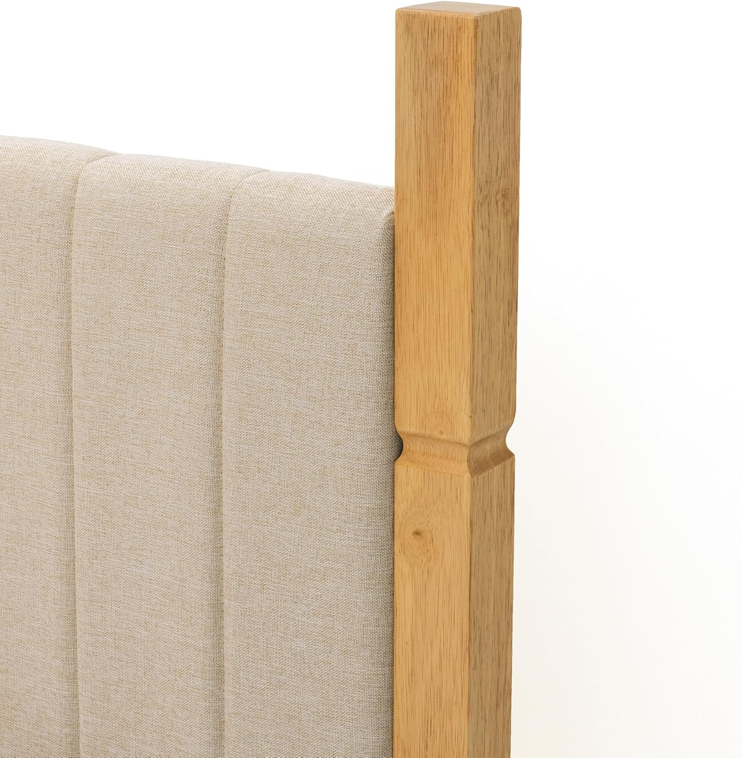 XIAO WEI California King Bed Frame with Upholstered Headboard, Solid Wood, Beige