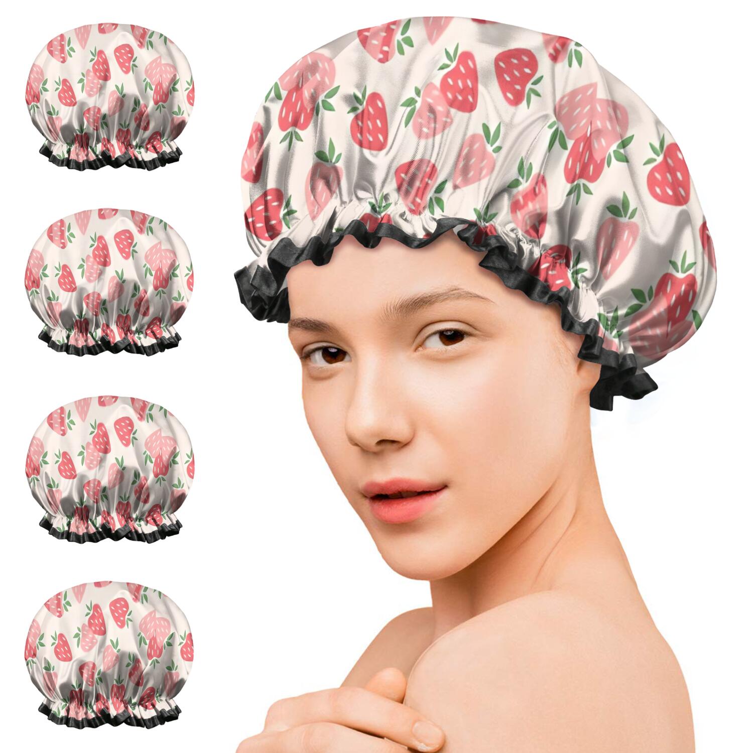 Shower Caps,Strawberry Plants Fruit Light Pink Pattern Waterproof Shower Cap for Women 4 Pieces,Double Reusable Hair Cover for Shower PEVA Elastic Stretch Hem