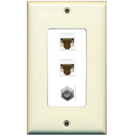 RiteAV Decorative 1 Gang Wall Plate (Light Almond/White) 3 Port - 2 x Cat6, 1 x Coax