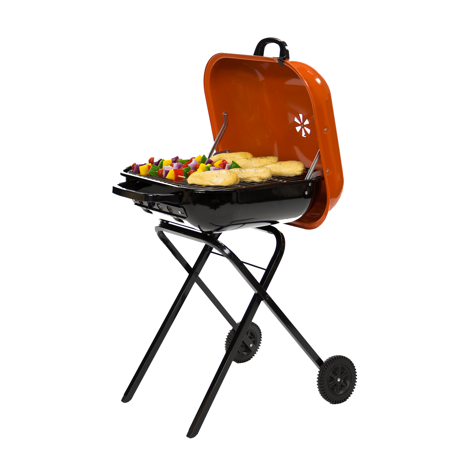 Americana Walk-A-Bout Charcoal Original Square Grill-100% Pre-Assembled Portable Steel, Orange