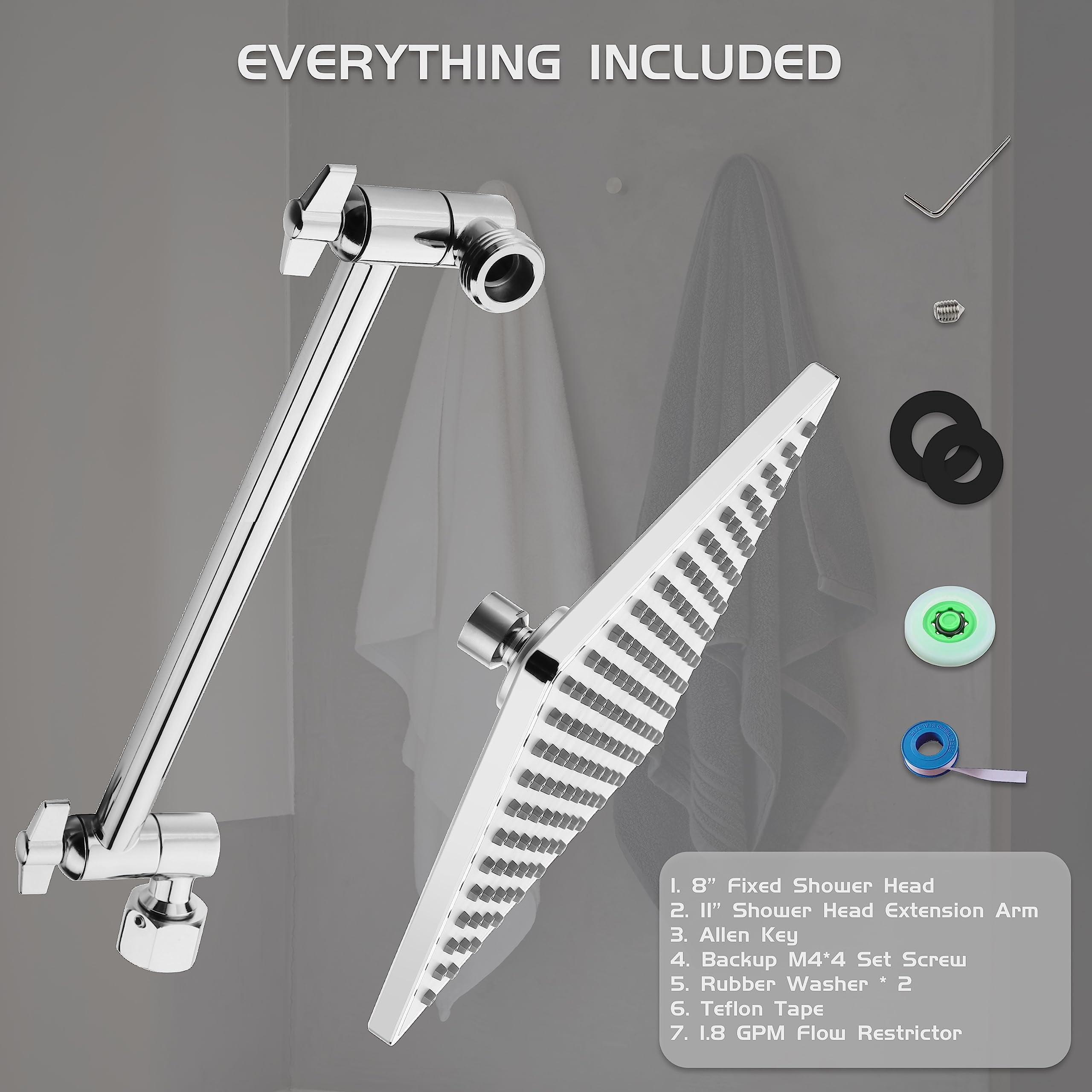 Rain Shower Head  8'' High Rainfall Square Showerhead With 11'' Extension Arm Brass Adjustable Extender Waterfall Fixed Showerheads Chrome