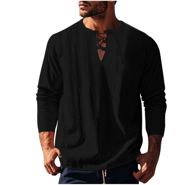 zbxnLI Mens Linen Shirts Drawstring V Neck Long Sleeve Shirt Lightweight Spring Fall Long Sleeve T-Shirts