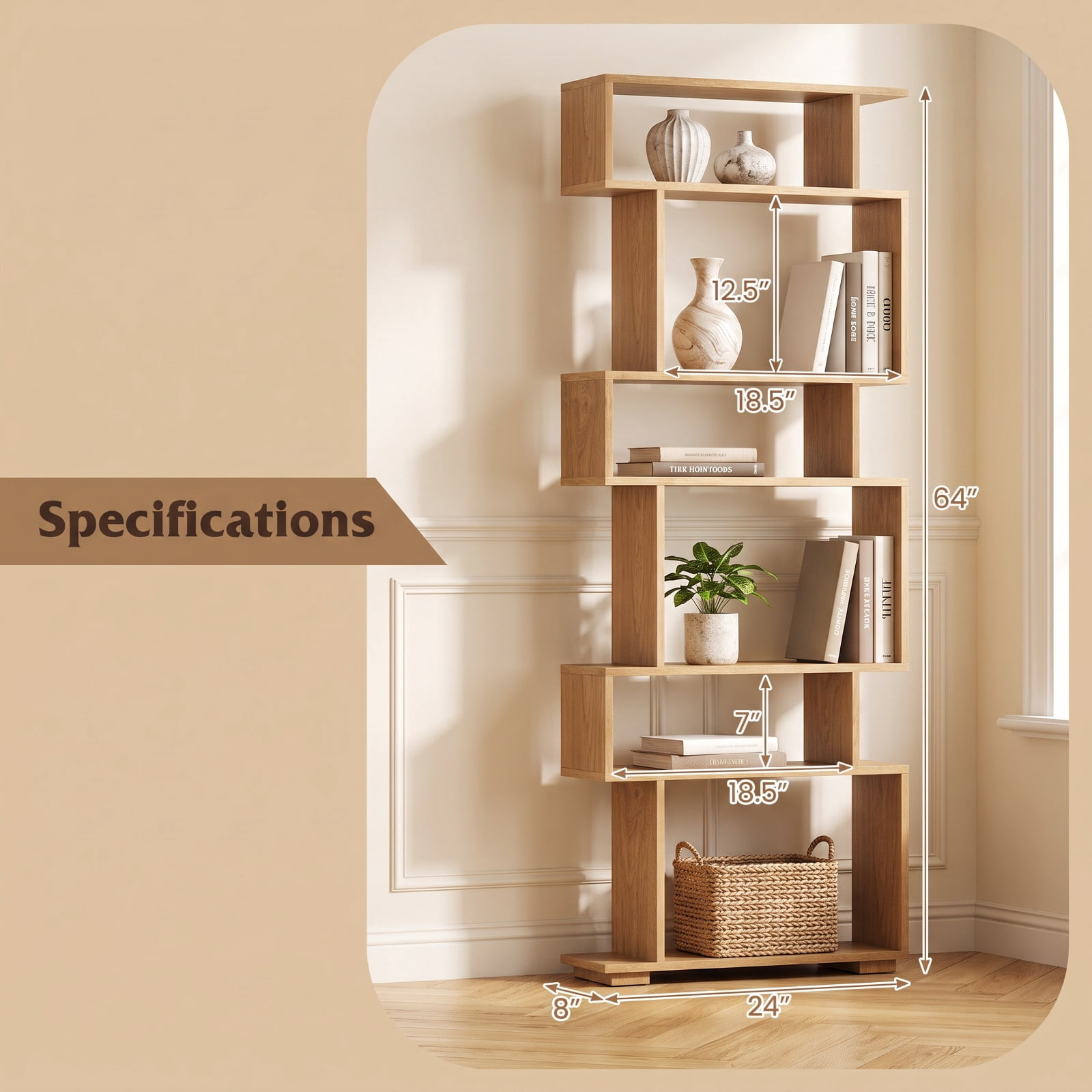 Furnibear 6-Tier Geometric Bookshelf with 2 Anti-Tipping Kits for Home Office for Living Room Home Office Bedroom Display Storage Shelf, Natural