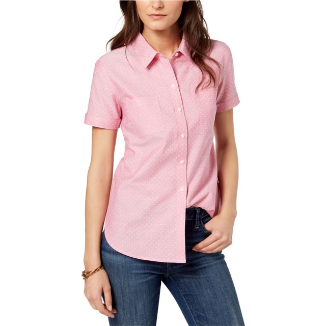 Tommy Hilfiger - Camisa de algodón con botones para mujer, diseño de lunares, color rosa, extragrande Tommy Hilfiger Camisa con botones