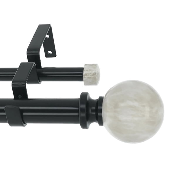MERIVILLE 1" Double Curtain Rod Set, Adjustable 48–84 Inches, Spanish White Marble Ball Finials, Black