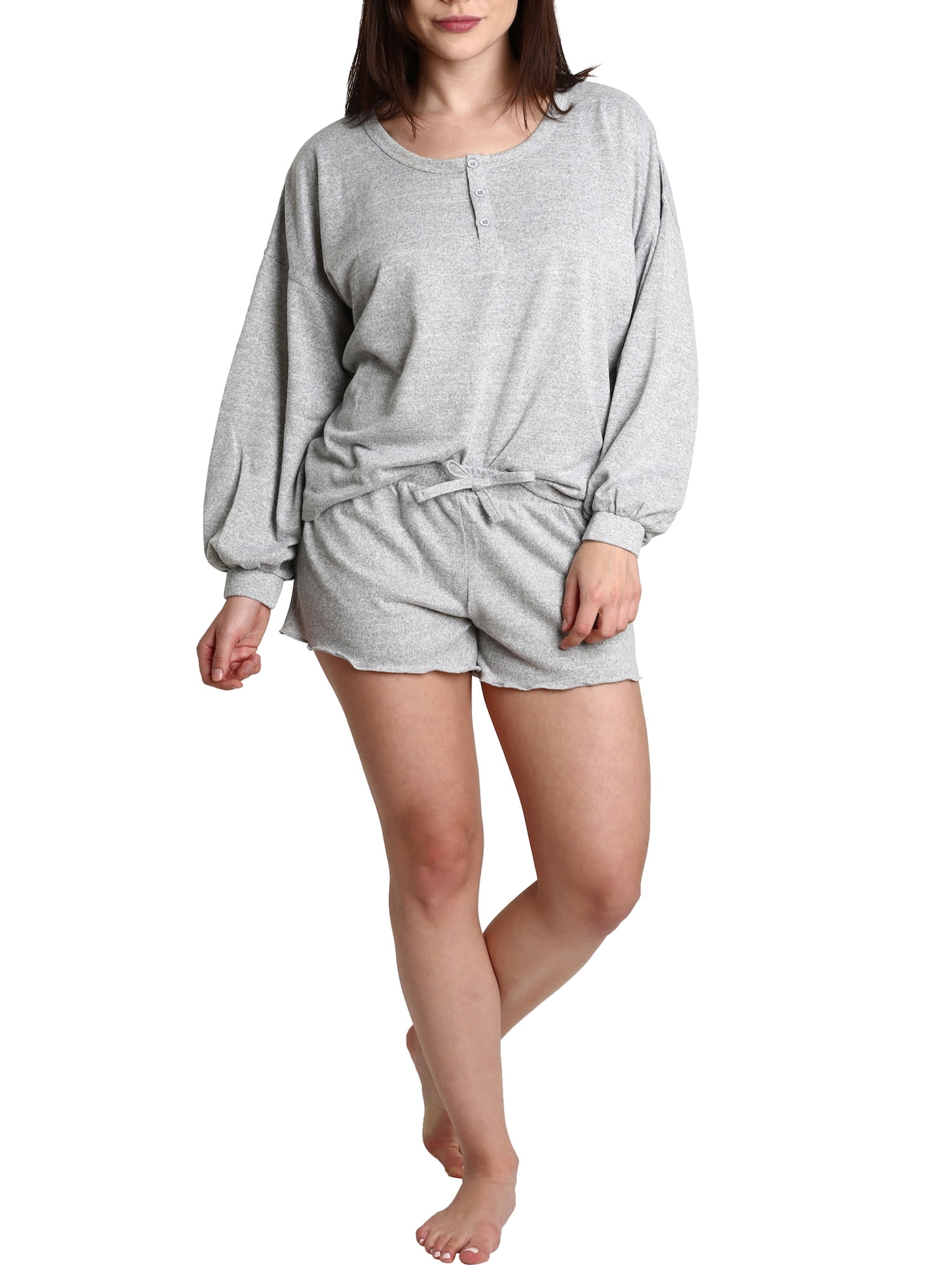Blis Women's Flowy Henley Button-Up Long Sleeve Tee and Lettuce Edge Short Set Grey