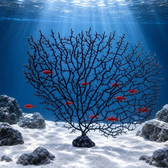 Handmade Artificial Sea Fan Coral for Aquarium, Soft Plastic Branch Reef Ornament with Stable Base, Marine Aquascaping Decor for Fish Tank