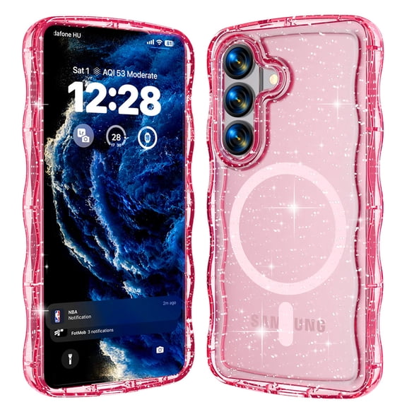 Magnetic Case for Samsung Galaxy S26 ,Shockproof TPU PC Compatible with Mag Safe Case Sparkly Bling Glitter Cute Wave Edge Cover,Pink