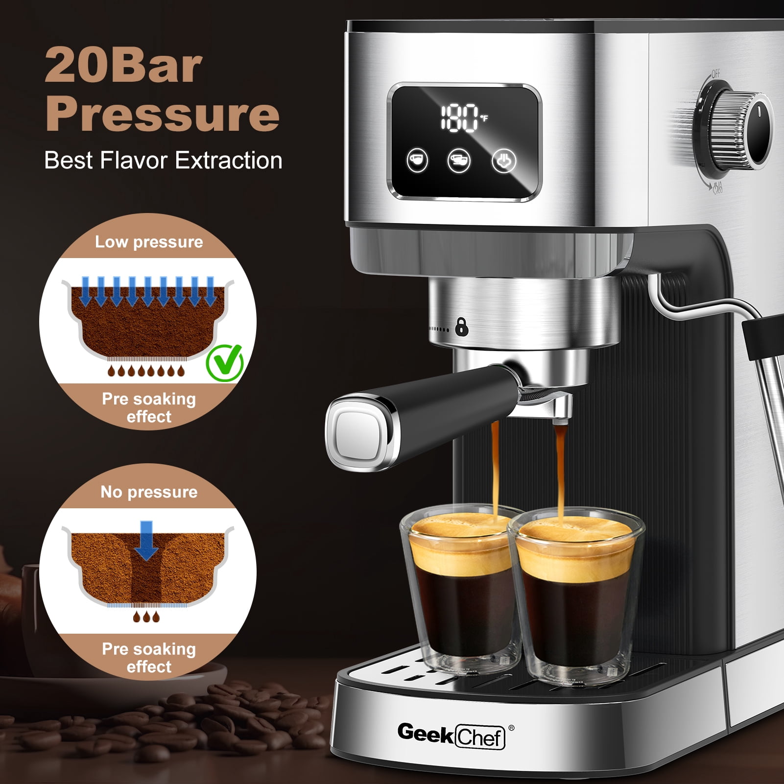 Fully Automatic Espresso Machine, SEGMART 20 Bar Stainless Steel Automatic Coffee Maker with Automatic Cleaning Function, 20 Cup Espresso, Americano, Long Coffee, Built-in Grinder, Black, SS1085