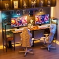 thumbnail image 5 of PetFurnishn Computer Gaming Desk with Power Outlet and LED Lights, Reversible Study Writing Table with Storage Shelves and USB Ports, PC Desk Home Office Workstation, Brown, 5 of 10