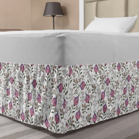 Botany Bed Skirt, Repetitive Pattern with Abstract Quirky Leafy Flora, Elastic Bedskirt Dust Ruffle Wrap Around for Bedding Decor, 4 Sizes, Pink Lavender, by Ambesonne