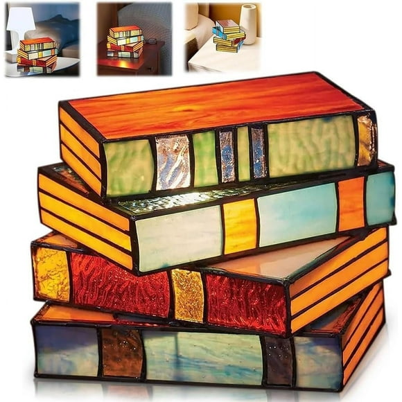 ORUYROP Stained Glass Stacked Books Lamp, Stacked Books Glass Lamp, Handcrafted Glass Nightstand Desk Book Lamps, Reading Nook Lighting Vintage Table Lamp, Tiffany Style Table Lamp Home Decor