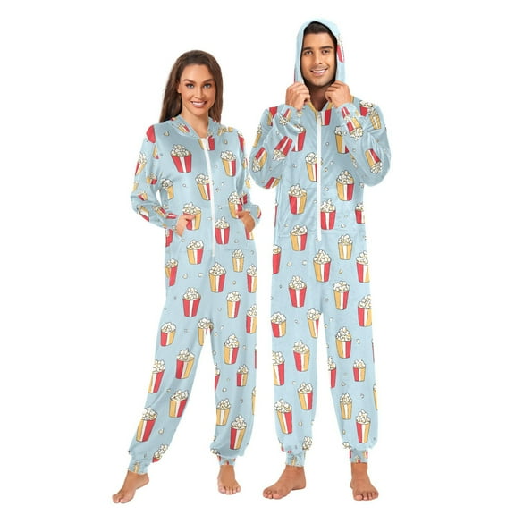 Adult Christmas Onesie Popcorn Adult Zipper One-Piece Pajamas Unisex Pajamas with Pockets