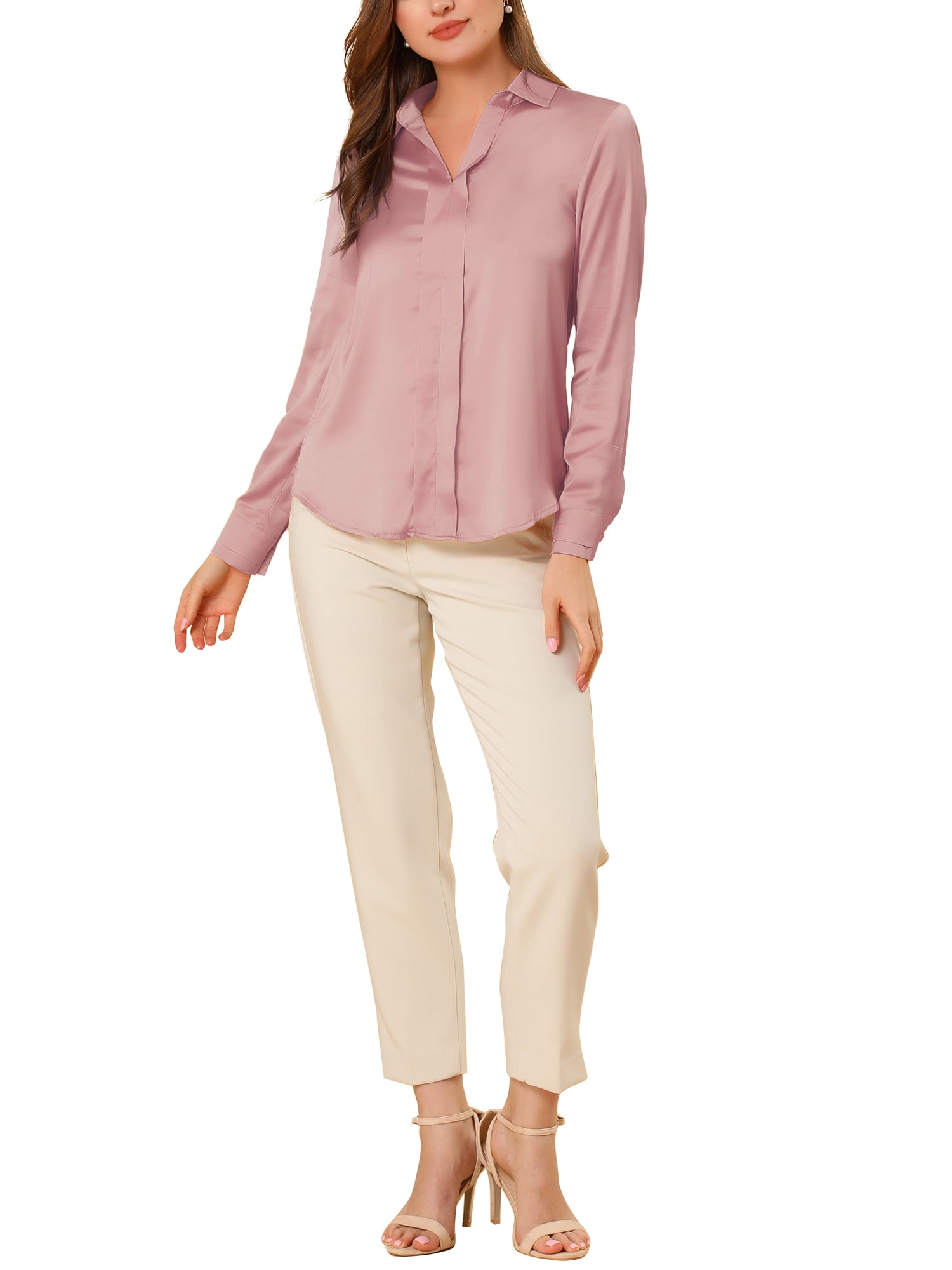 DARING DIVA Women's V Neck Classic Work Office Long Sleeve Shirt L Dusty Pink