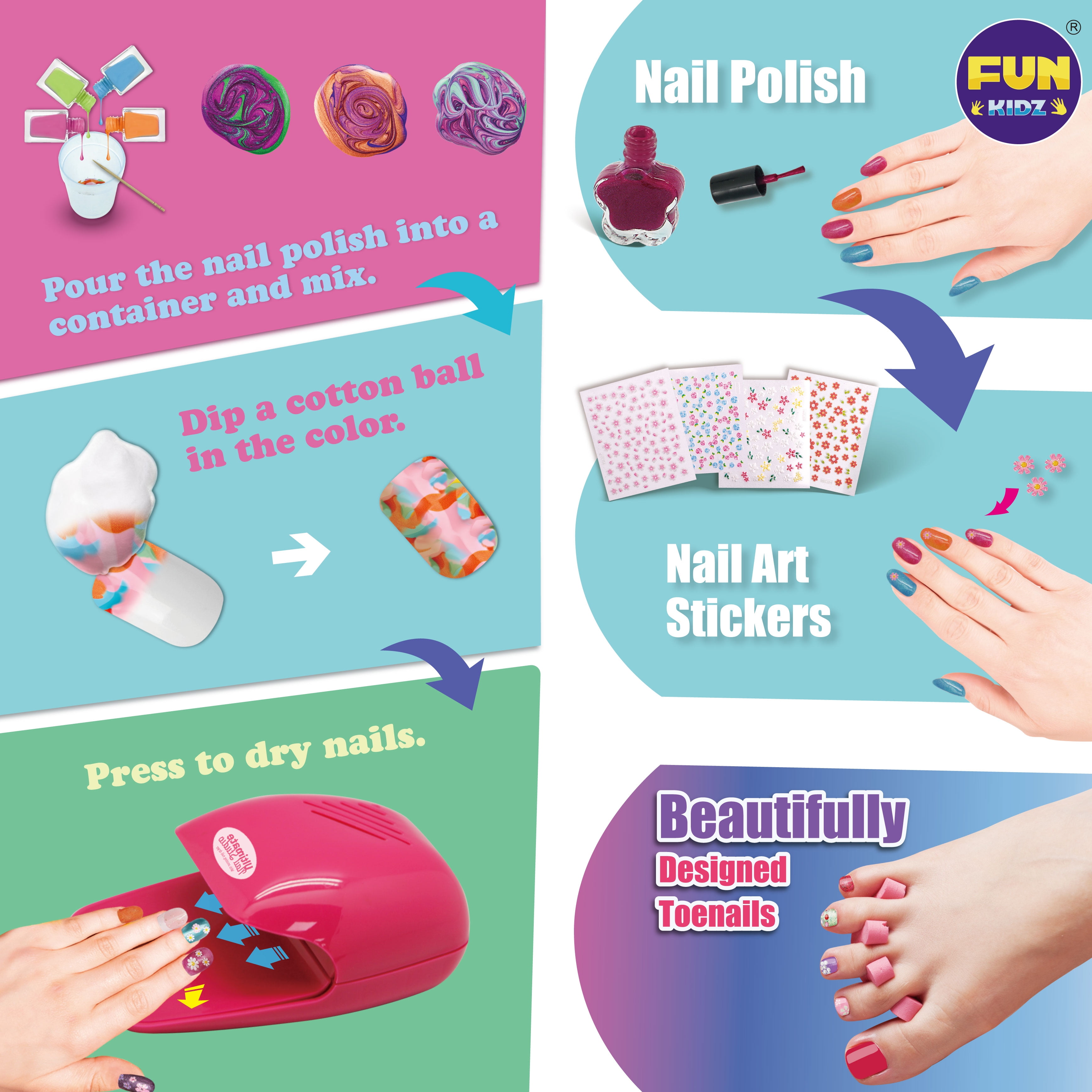 Nail Art Kit for Girls, FunKidz Makeup Craft Kits with Peelable Nail Polish Nail Dryer Kids Mani Pedi Set for Girls Spa Party