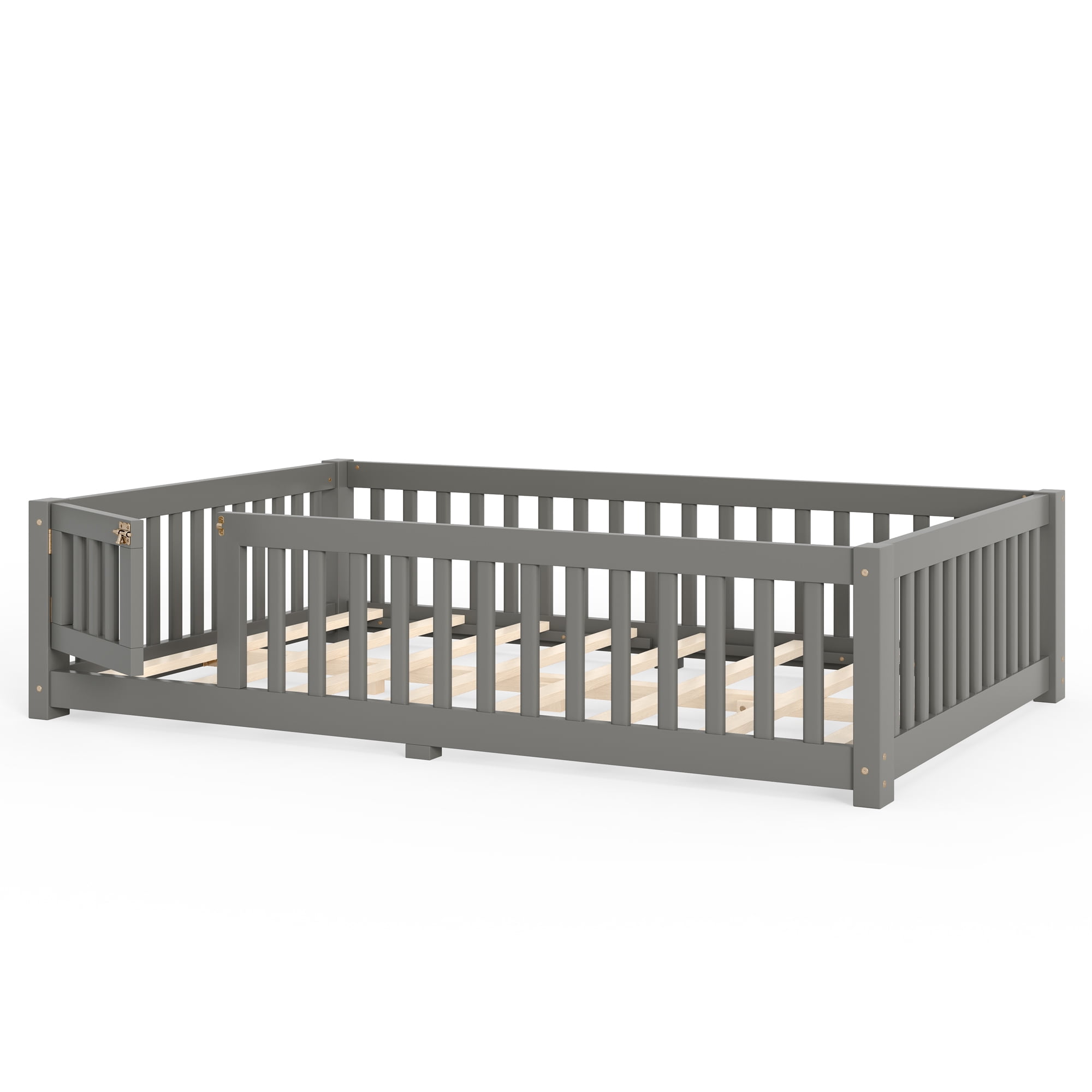 Full Size Kids Floor Bed with Safety Guardrails & Removable Door, Solid Pine Wood Montessori Bed, Gray