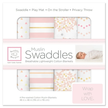 - SwaddleDesigns X-Large Cotton Muslin Swaddle Blankets, Set of 4, Heavenly Floral Shimmer, Pink