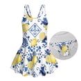 thumbnail image 6 of COEQINE Girls One Piece Bathing Suit, Scoop U-Neck & V Back Playful Swimsuit with Attached Skirt, Beach Swim Dress for Kids Age 5-6, Machine Washable, Vintage Lemon Floral Blue, 6 of 8