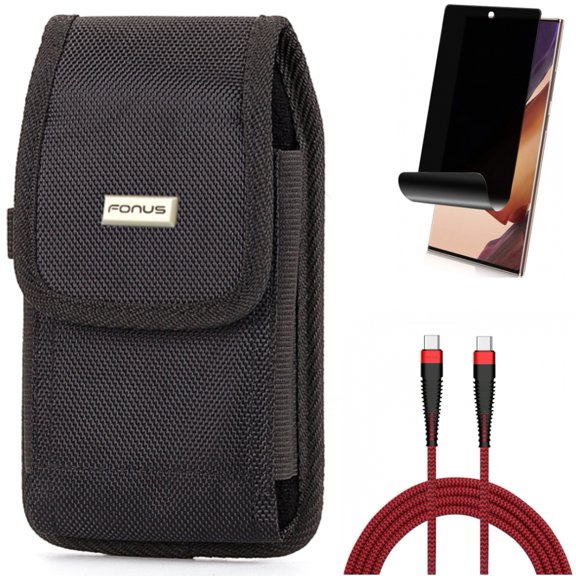 Privacy Screen Protector & 10ft PD Cable & Case Belt Clip for Samsung Galaxy Note 20 Ultra (6.9") - Combo with TPU Film Anti-Peep & Type-C to USB-C Charger Cord & Rugged Holster