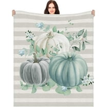 Hello Pumpkin Eucalyptus Blanket Fall Autumn Thanksgiving Blanket Blue Plaid Throw Blanket Eucalyptus Leaves Harvest Decoration for Home Sofa Couch, 50 * 60 Inches