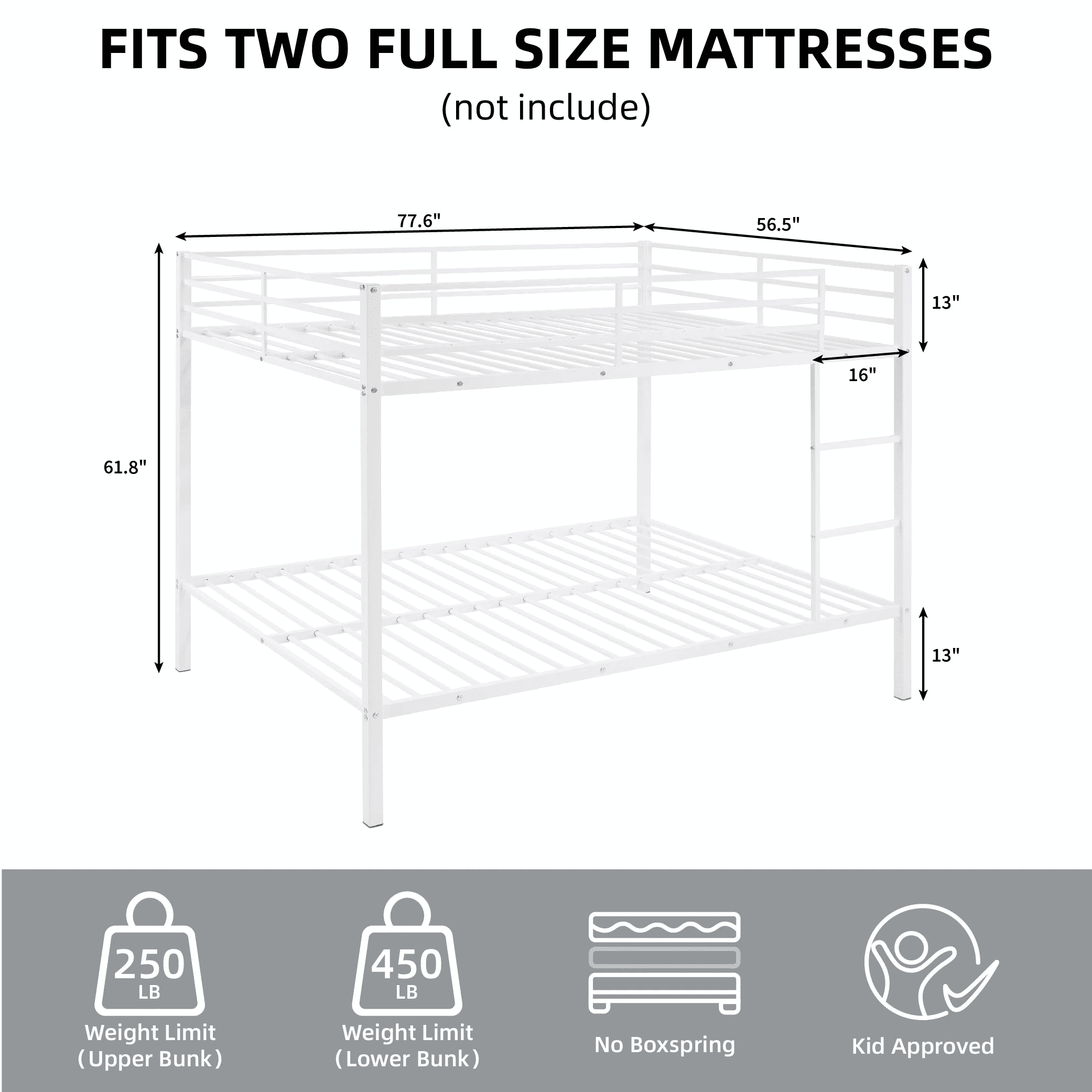 MAYEERTY Full Over Full Bunk Bed, Metal Bunk Bed Frame with Built-in Ladder, for Small Spaces, No Boxspring Required, White