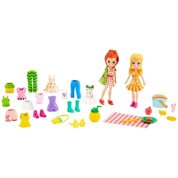 Polly Pocket Picnic Pretty Fashion Pack with 3-in/7.62-cm Polly & Lila Dolls, 10 Outfits, 2 Pairs Shoes,2 Purses, Locket, Picnic Blanket, Picnic Basket, Drinks, 8 Food Accessories
