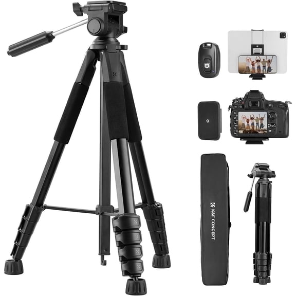 K&F CONCEPT 75" Lightweight Camera Tripod, Portable Travel Outdoor DSLR Tripods with Remote and Phone Holder, Cellphone Clip for Smartphone Live Streaming Vlog, Black