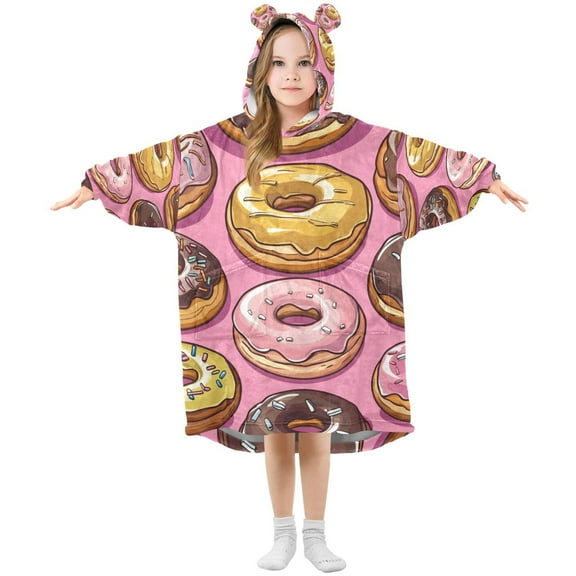 FORMRS Wearable Blanket Hoodie with Sleeves for Kids Cozy Flannel Sweatshirt, Cute Doughnuts Pattern