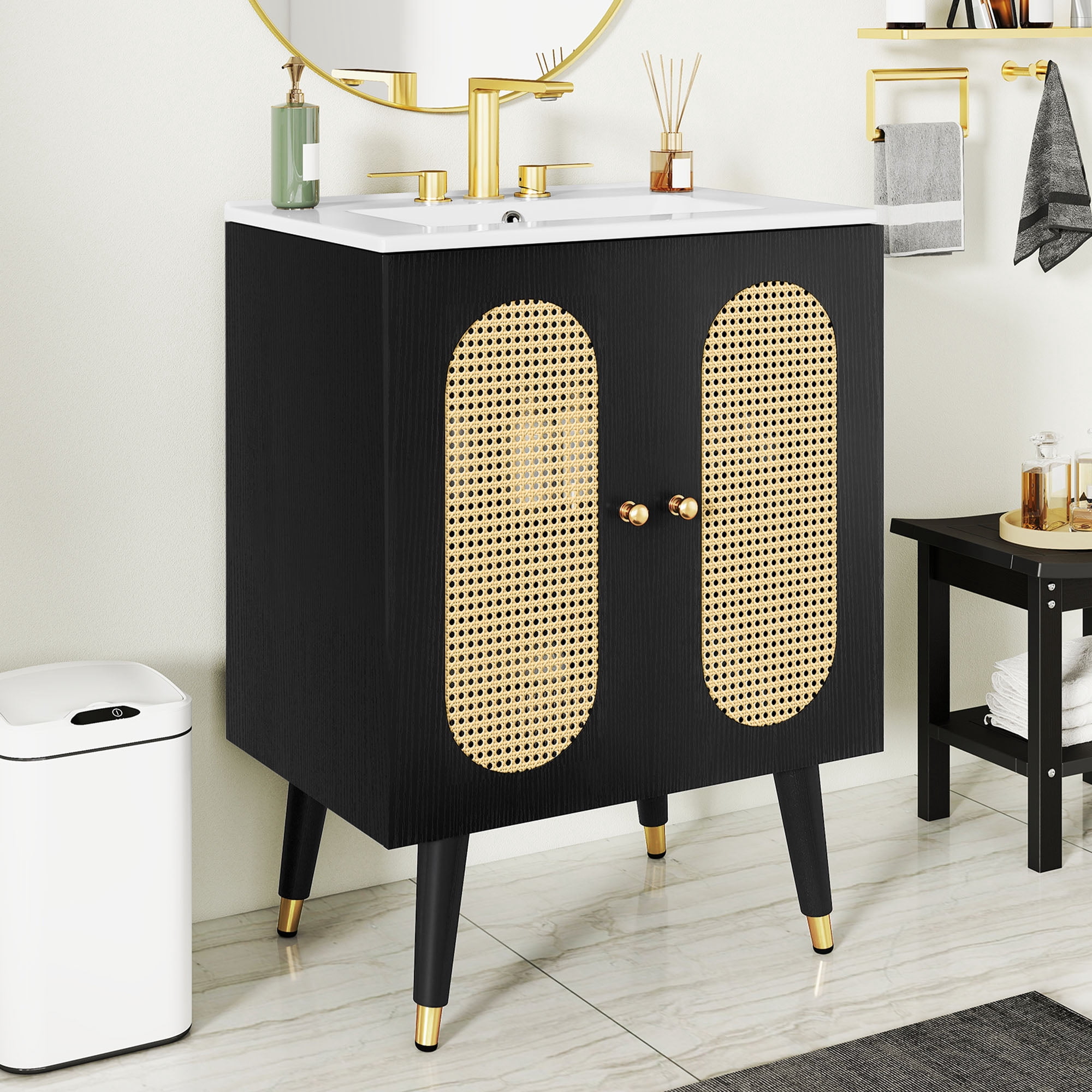 Uforic 24 Inch Bohemian Rattan Bathroom Vanity with Soft-Close Double Doors, Adjustable Inner Shelf for Small Space, Black