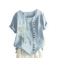 thumbnail image 2 of Fesfesfes Women's Linen Tops Fashion Print Short Sleeve Tops Blouse Round Neck Button Casual Tops, 2 of 5