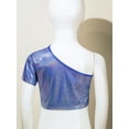 thumbnail image 3 of Sxiwei Jazz Hip-hop Dance Top for Girls Boys One Shoulder Metallic Crop Top T-Shirt Stage Performance Blue 160, 3 of 5