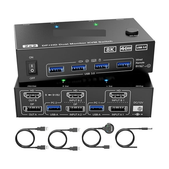 Dual Monitor KVM Switch 2 Port 8K@60Hz 4K@144Hz -Compatible+DP USB 3.0 Switch Extended Display 2 Monitors 2 Computers