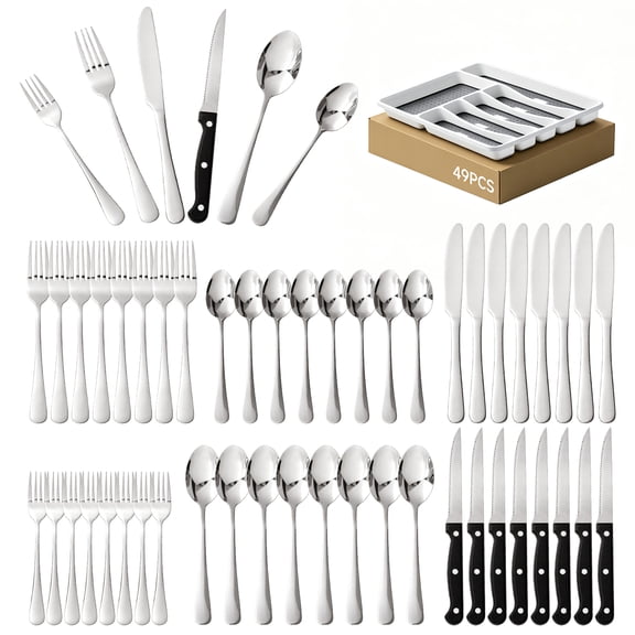 KINGSTONE 49-Piece Black Silverware Set for 8, 304 Stainless Steel Flatware with Organizer and Steak Knives, Dishwasher Safe