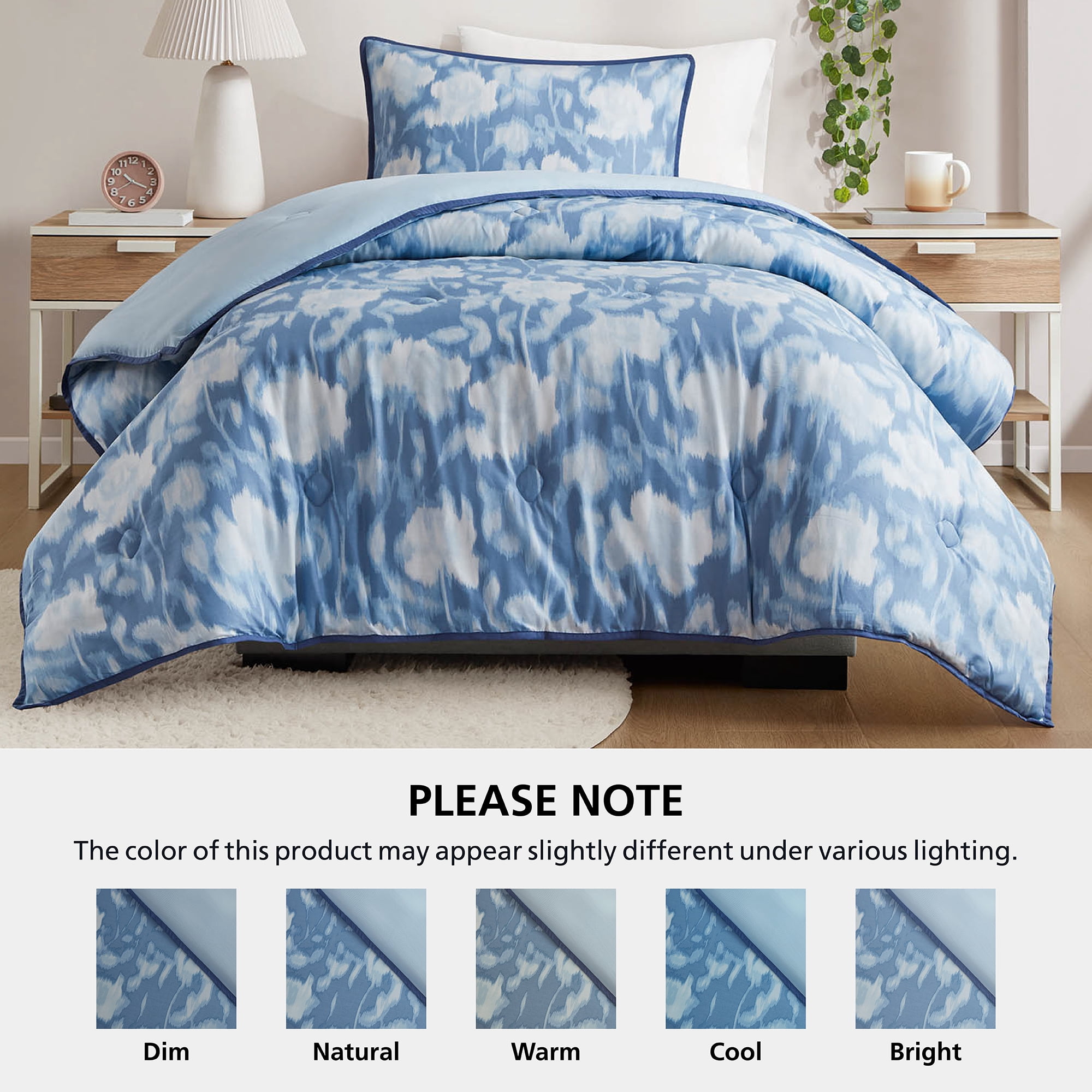 Mainstays Blurred Rose 2-Piece Blue Comforter Set, Twin/Twin XL