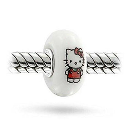Hello Kitty on White Glass Charm European Bead Compatible for Most European Snake Chain Bracelet
