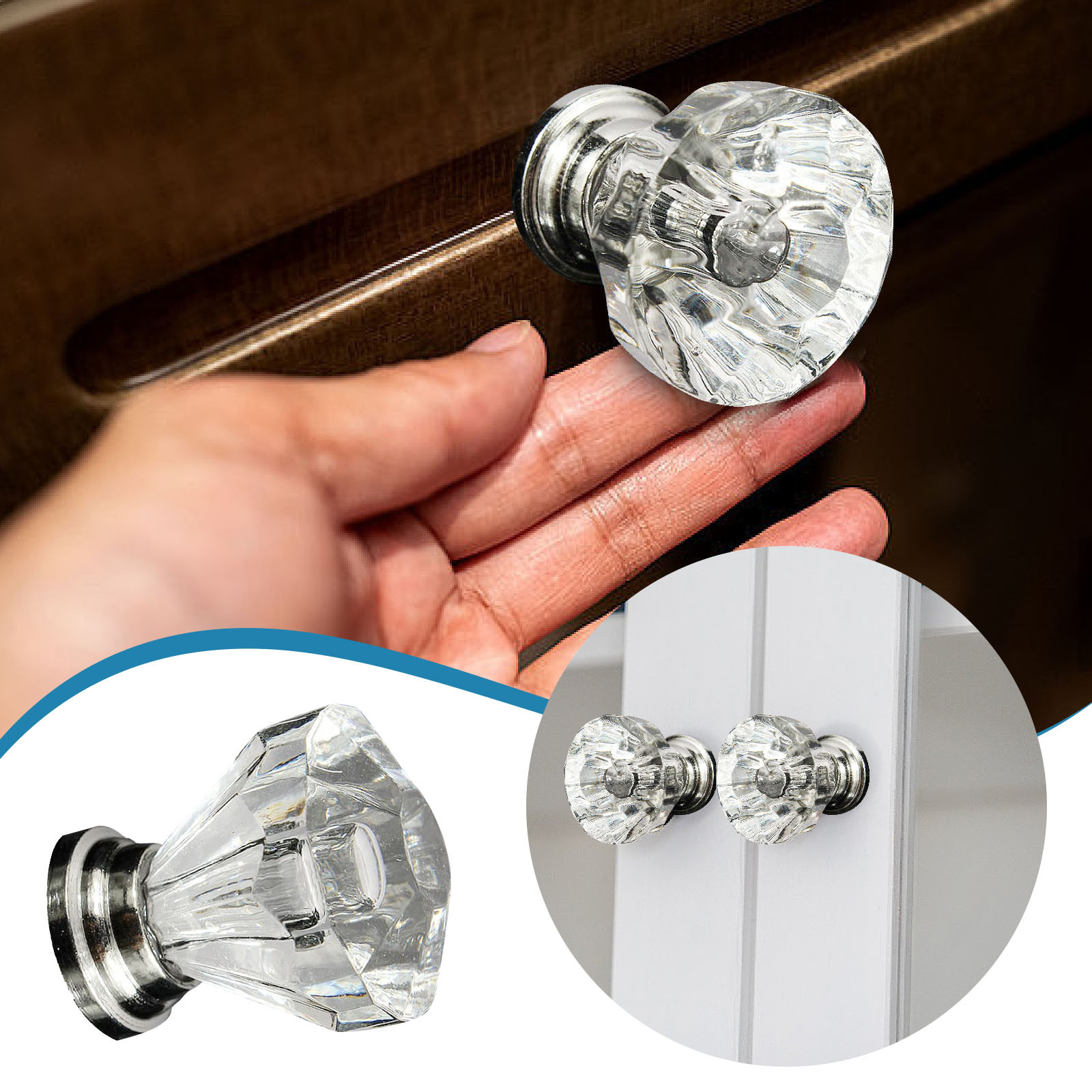 12Pcs Glass Dresser Drawer Knobs Diamond Plated Shape Door Handle Pull ...