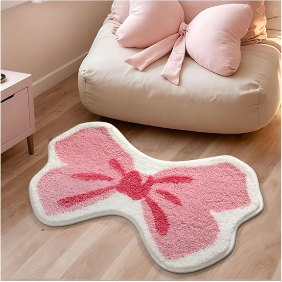 DERONA Pink Bow Bathroom Rug,15.7"X 23.6" Irregular Rug,Fluffy Bath Mat,Pink Bow Bathroom Decor Non-Slip Floor Mat with 8X Absorbency,For Bathroom & Bedroom,Gift for Girls