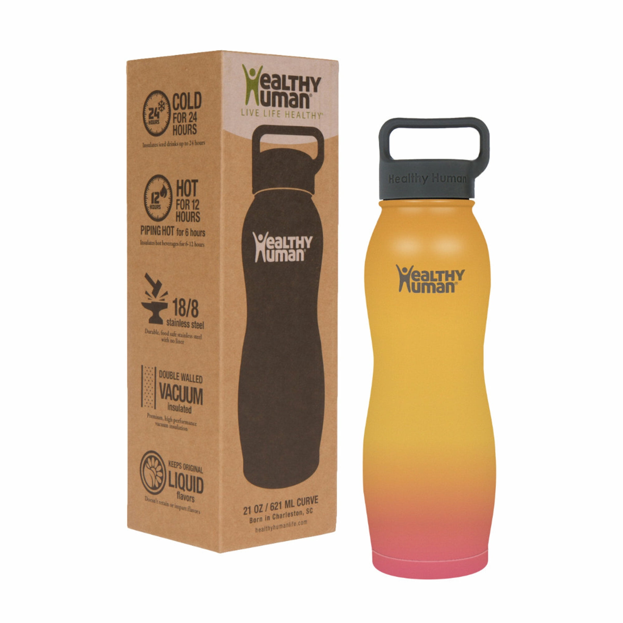 Healthy Human Stainless Steel Curve Water Bottle | 100% BPA Free Thermos for Kids & Adults | Double Walled Vacuum Insulated | Metal Bottles with Leak Proof Lid (21 oz/ 621 ML, Sunrise)