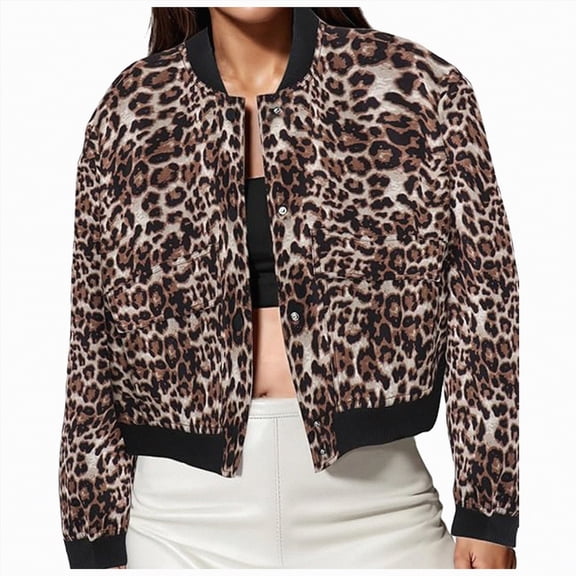 Towmus Womens Zip Up Jacket Lightweight Leopard Printed Cropped Bomber Jacket Full Zip Cropped Coat Trendy Long Sleeve with Pockets