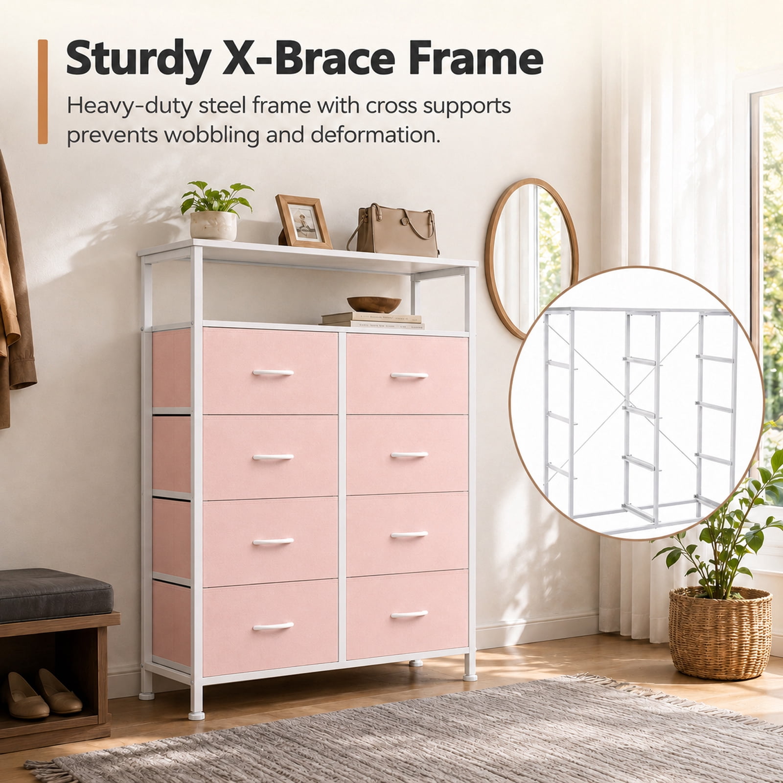 Alvantor 8-Drawer Fabric Dresser with Open Shelf, Chest of Drawers, Steel, MDF, Storage Organizer Unit, Closet, Entryway