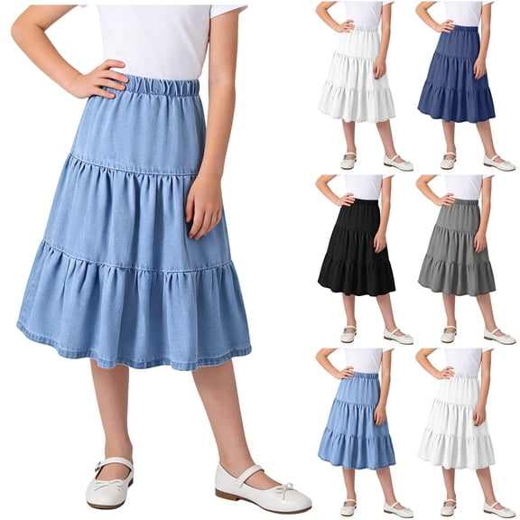 Miqool Girls' Maxi Skirts 4-15Y Elastic High Waist Tiered Ruffle Hem Pleated Long Flowy Casual Summer Boho Skirts