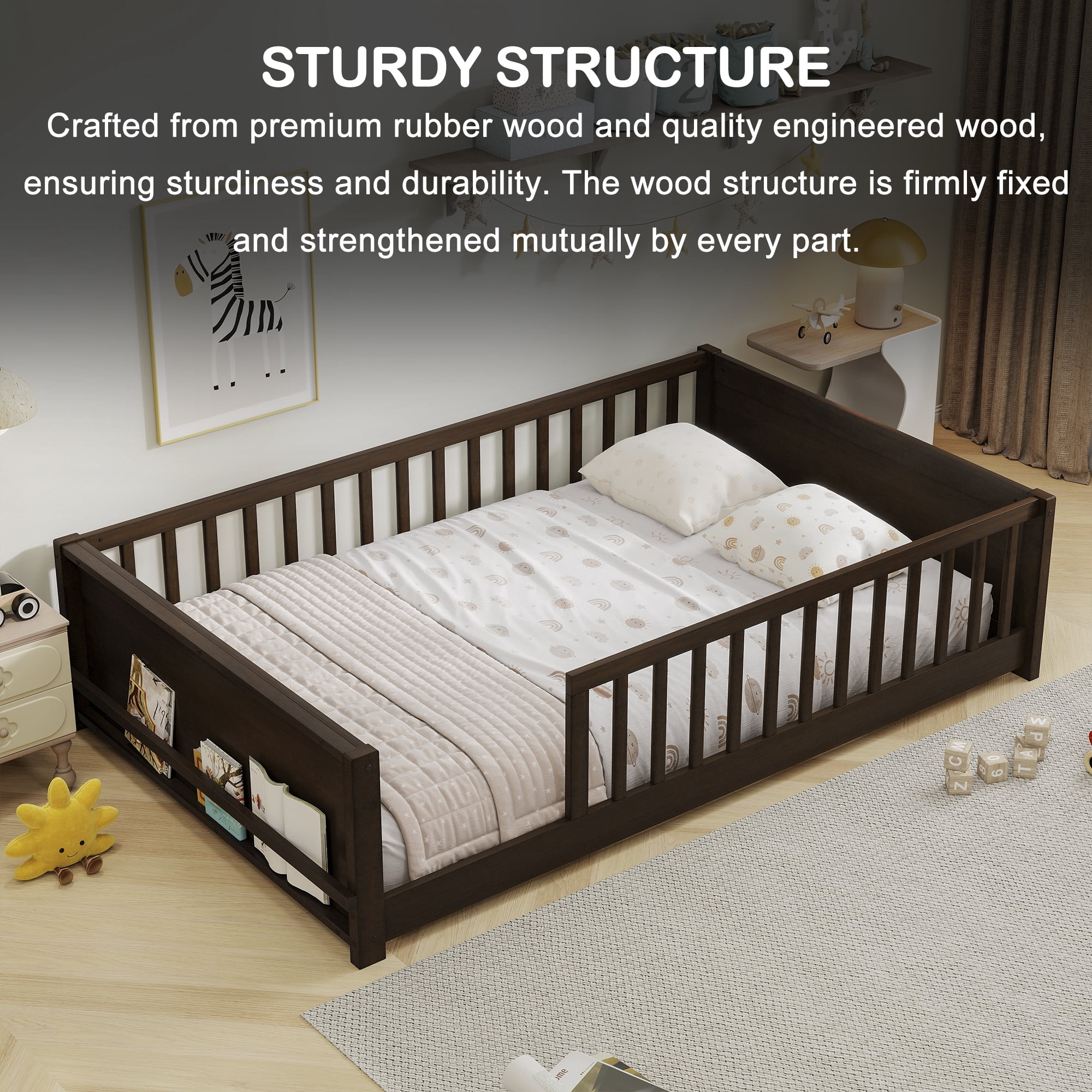 Miniyam Full Size Kids Floor Bed with Guardrails and Bookshelf, Wooden Low Profile Bed, Espresso