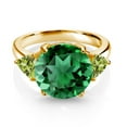 thumbnail image 2 of Gem Stone King 18K Yellow Gold Plated Silver Green Nano Emerald and Green Peridot 3-Stone Ring for Women (5.96 Cttw, Round 12MM, Trillion 5MM, Size 7), 2 of 3