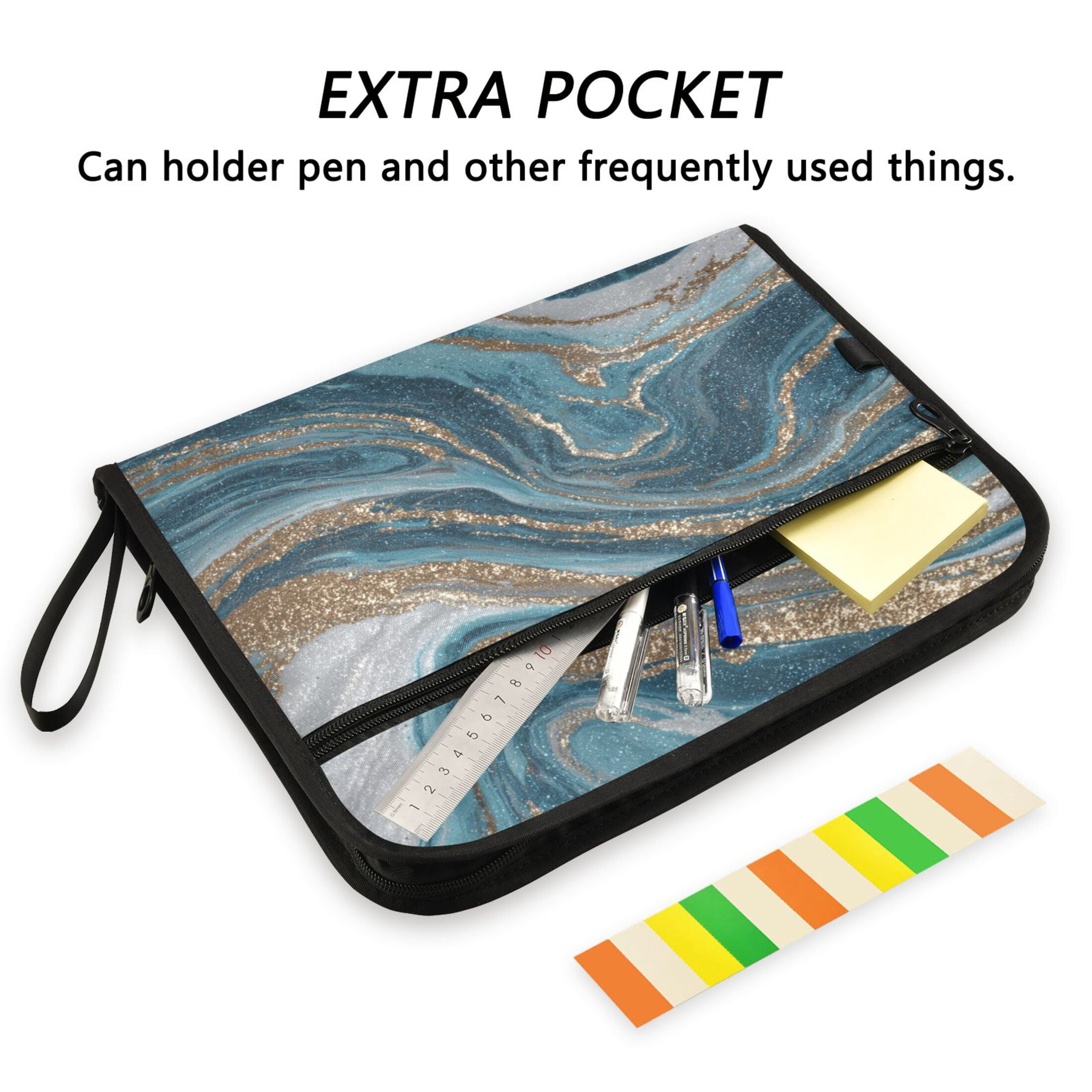 Accordion File Organizer with Zip Closure 13 Pockets Expanding File Folder Letter A4 Paper Document Organizer for Home Office Blue and Gold Swirling