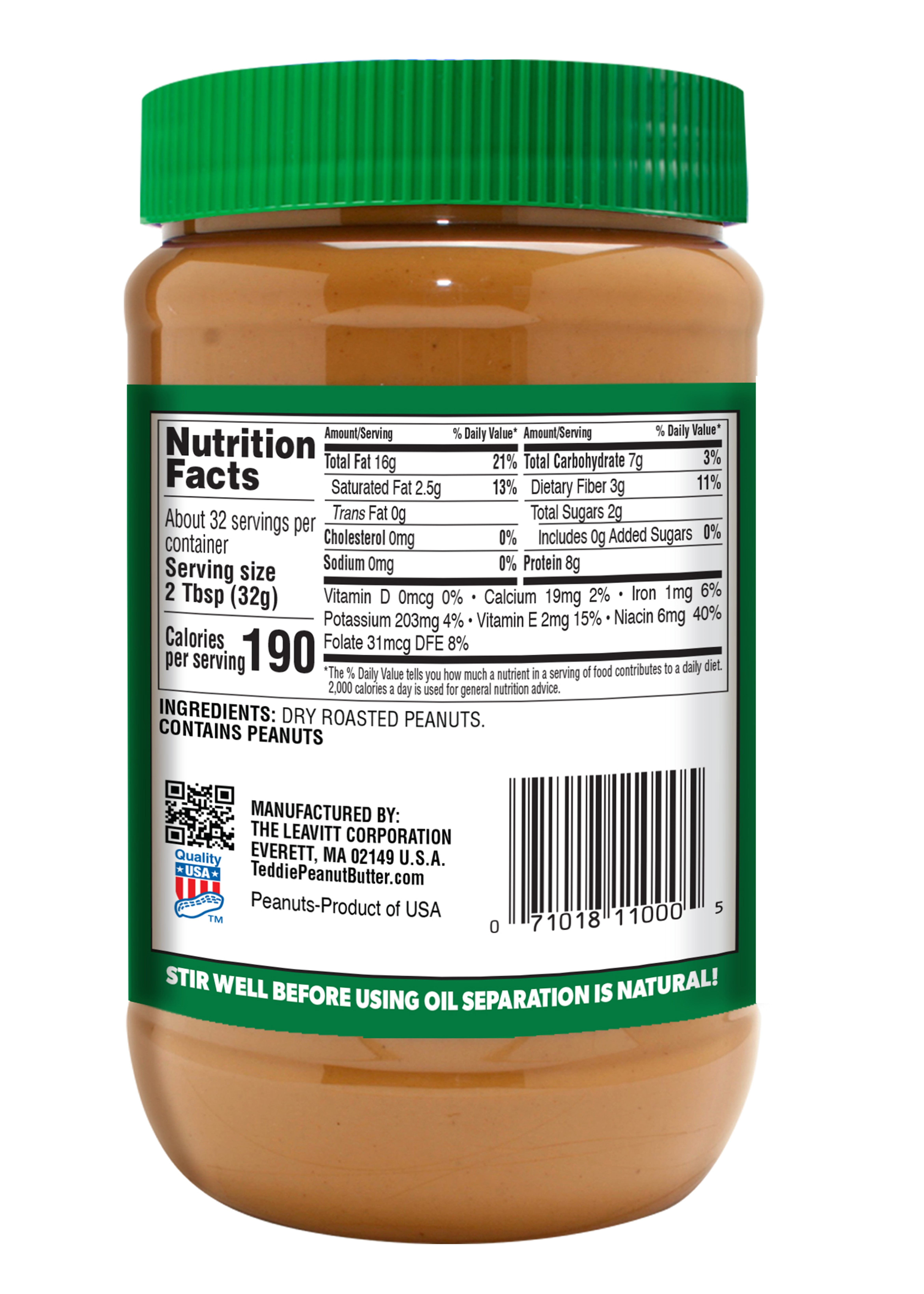 Teddie All Natural Smooth Unsalted Peanut Butter, 36 oz