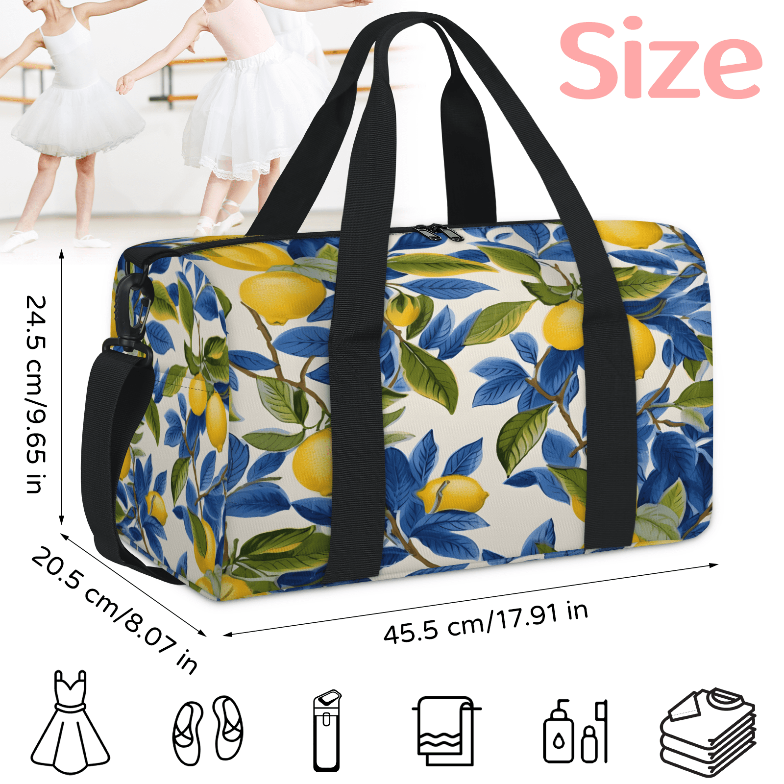 Herdesigns Lemon Gym Bag for Women, Duffle Bag for Travel Sport, Lemon Theme Lightweight Waterproof Carry on Weekender Dance Yoga Workout Bags