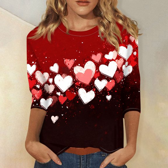 Resicozy Valentines Shirts For Women 3/4 Sleeve Valentine Day Top 2026 Cute Heart Print Graphic Shirt Crewneck Pullover Watermelon Red 5XL
