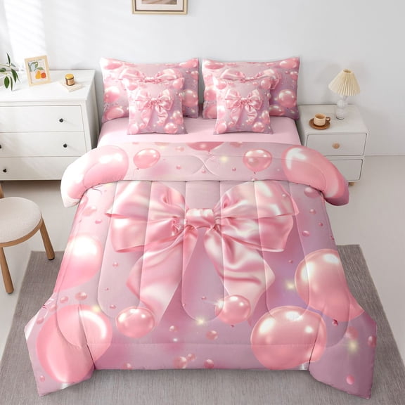 Feelyou Princess Bowknot Balloon Twin Bedding Sets 7pcs, Pink Fashion Party Comforter Set